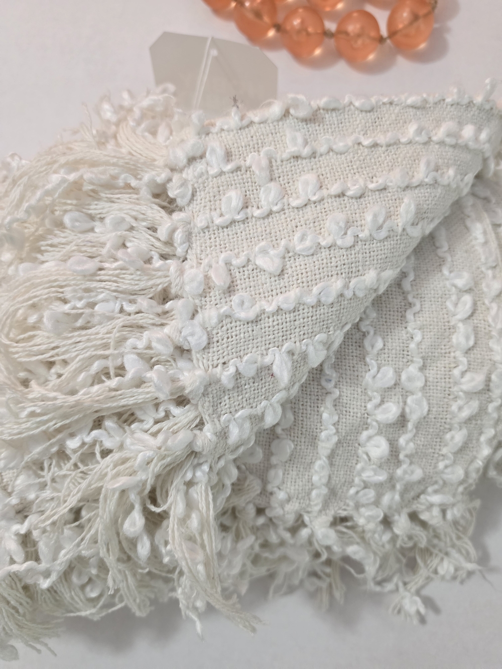Textured Woven Cream Throw Blanket with Fringe - Picture 2 of 6